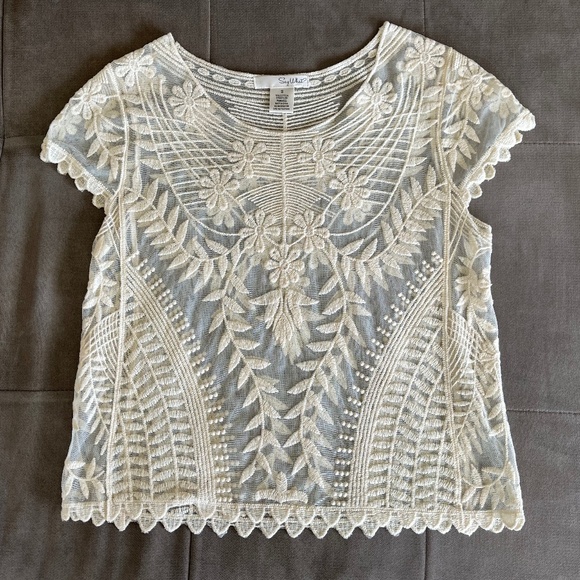 EUC - Sheer Embroidered Short Top - Picture 1 of 1